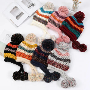 Warm Thick Multi-Stripe Pompon Balls Earflap Cap