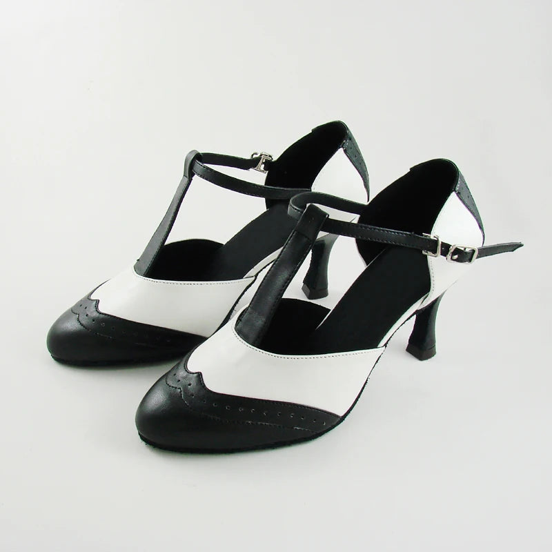 Women’s Leather Black/White T-Strap Pumps