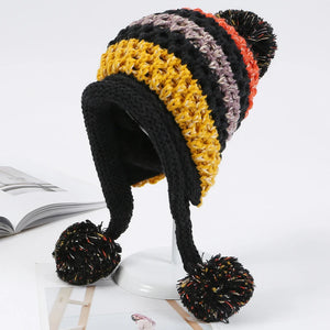 Warm Thick Multi-Stripe Pompon Balls Earflap Cap