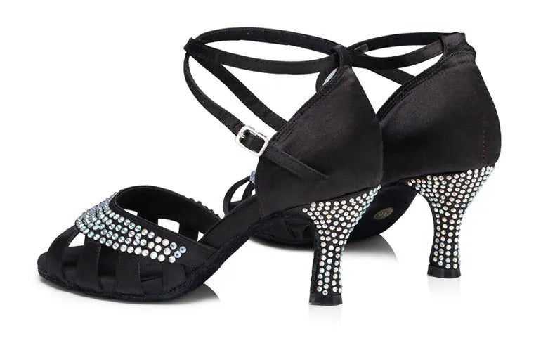 Women’s Open Toe Black Satin Rhinestones Wedding Party Dance Shoes