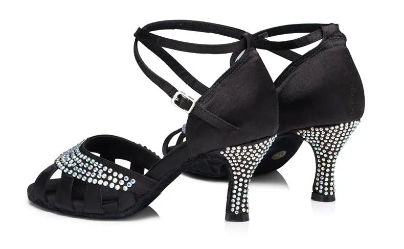 Women’s Open Toe Black Satin Rhinestones Wedding Party Dance Shoes - Pretty Miss Plus