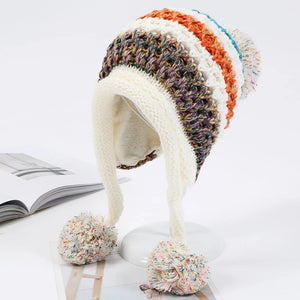 Warm Thick Multi-Stripe Pompon Balls Earflap Cap