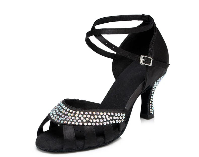 Women’s Open Toe Black Satin Rhinestones Wedding Party Dance Shoes - Pretty Miss Plus