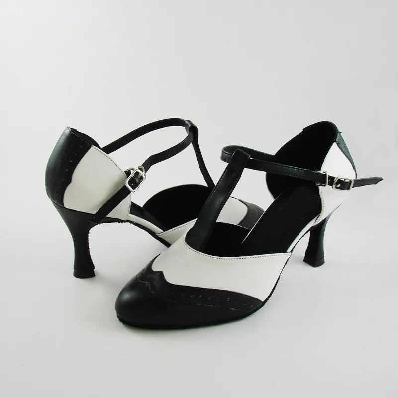 Women’s Leather Black/White T-Strap Pumps - Pretty Miss Plus