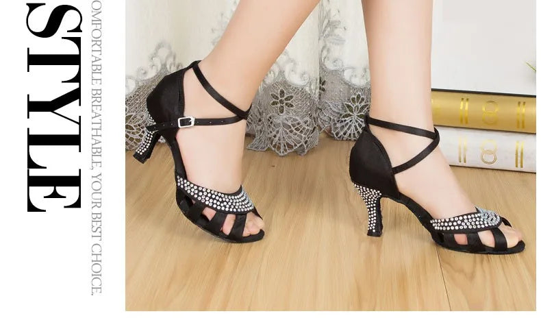 Women’s Open Toe Black Satin Rhinestones Wedding Party Dance Shoes