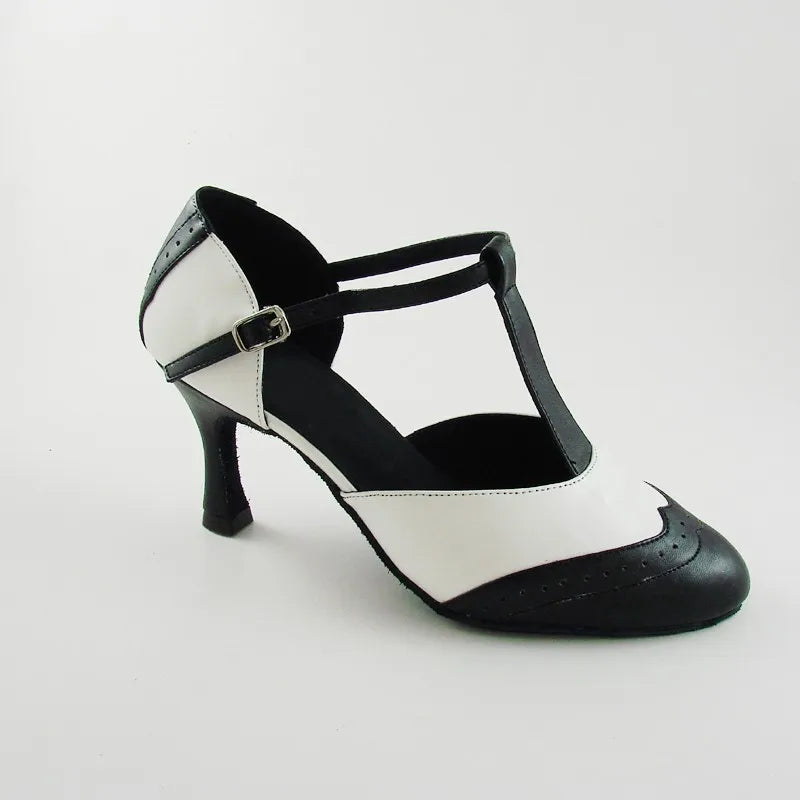 Women’s Leather Black/White T-Strap Pumps - Pretty Miss Plus