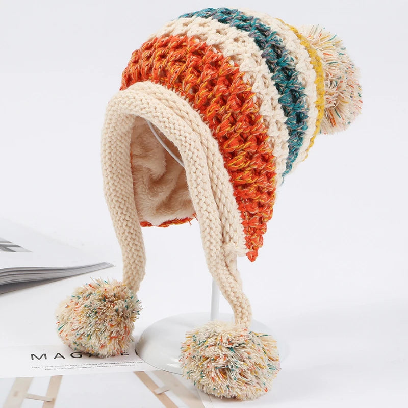 Warm Thick Multi-Stripe Pompon Balls Earflap Cap