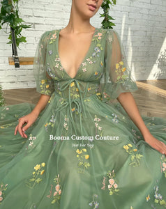 Plus Size Green Embroidered Lace Tea Length Tulle Wedding Party Dress