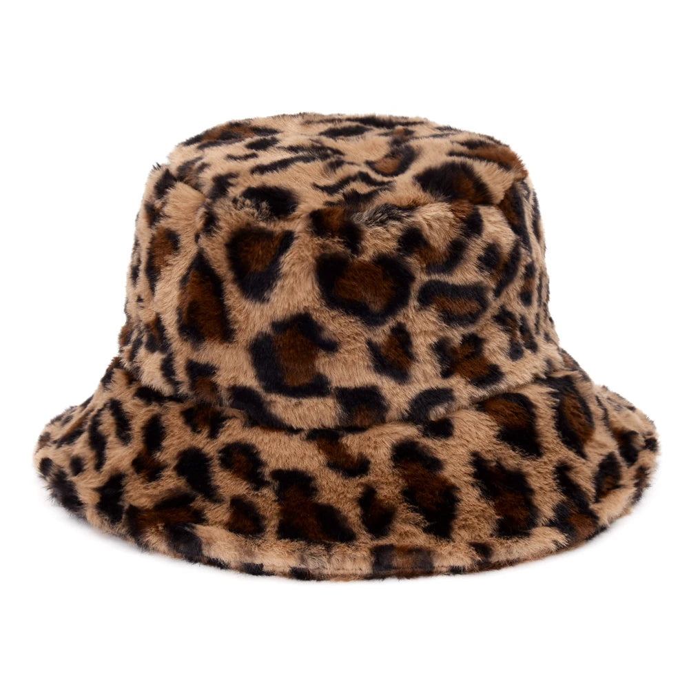 Fashionable Women’s Leopard Print Adjustable Plush Fur Bucket Hat