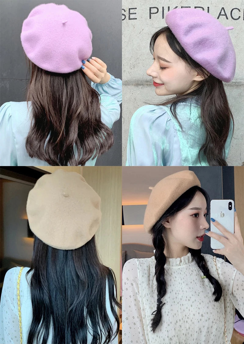 Winter Warm faux Wool Beret Women Girls French Artist Beanie Hat Cap red black purple beige orange Kawaii Flat Top caps warmers