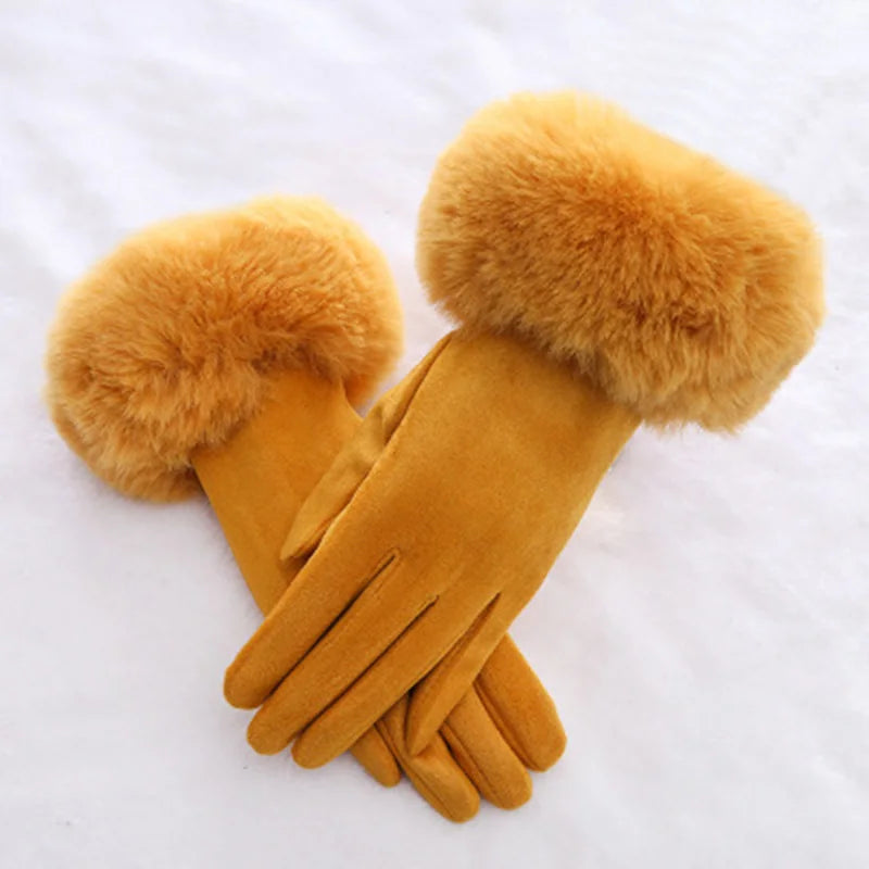 Women’s Warm Faux Suede Leather Touch Screen Gloves With Faux Rabbit Fur Trim And Velvet Lining