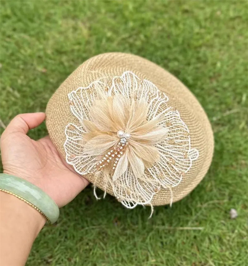 chic summer grace Beaded lace flowers grass beret hat Vintage Versatile women Leisure painter cap - Pretty Miss Plus