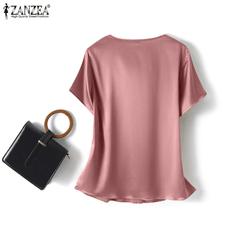 Plus Size Women Short Sleeve Solid Shirt Fashionable Satin Blouse Female Casual Office Lady Work Tunic Tops Elegant Loose Blouse