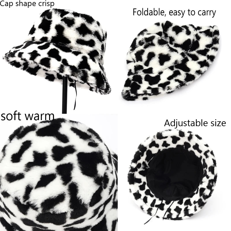 Fashionable Women’s Leopard Print Adjustable Plush Fur Bucket Hat