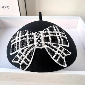 Chic Designer Black & White Pearl Beaded Bowknot Lady Beret Cap - Pretty Miss Plus