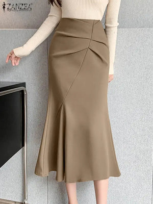 Women’s Elegant Midi Skirt Spring Fashion High Waist Solid A-Line Skirts Office Lady