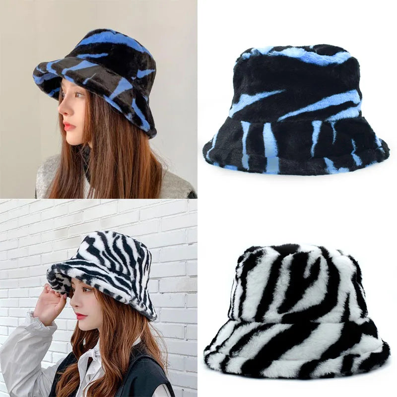 Fashionable Women’s Leopard Print Adjustable Plush Fur Bucket Hat