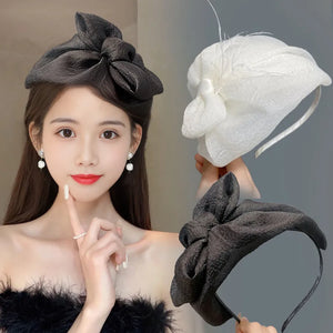 Chic Bow Hat Headband elegant feather gauze material - Pretty Miss Plus