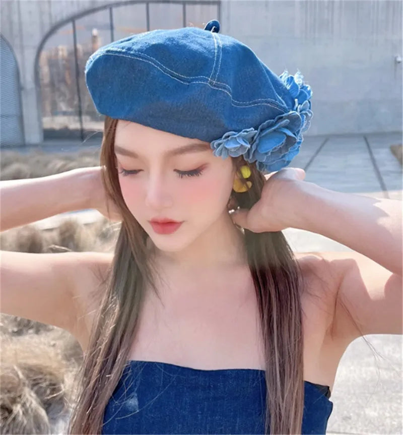 Women’s Soft Cotton Denim Flower Beret Designer Style High Street Leisure Octagonal Cap - Pretty Miss Plus