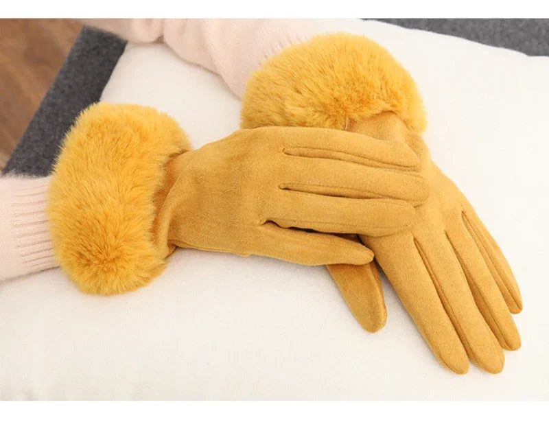 Women’s Warm Faux Suede Leather Touch Screen Gloves With Faux Rabbit Fur Trim And Velvet Lining