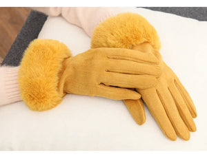 Women’s Warm Faux Suede Leather Touch Screen Gloves With Faux Rabbit Fur Trim And Velvet Lining