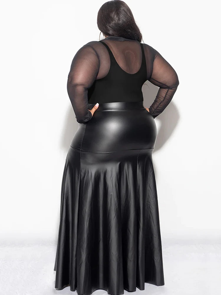 Plus Size Matte Leather High Slit Maxi Skirt