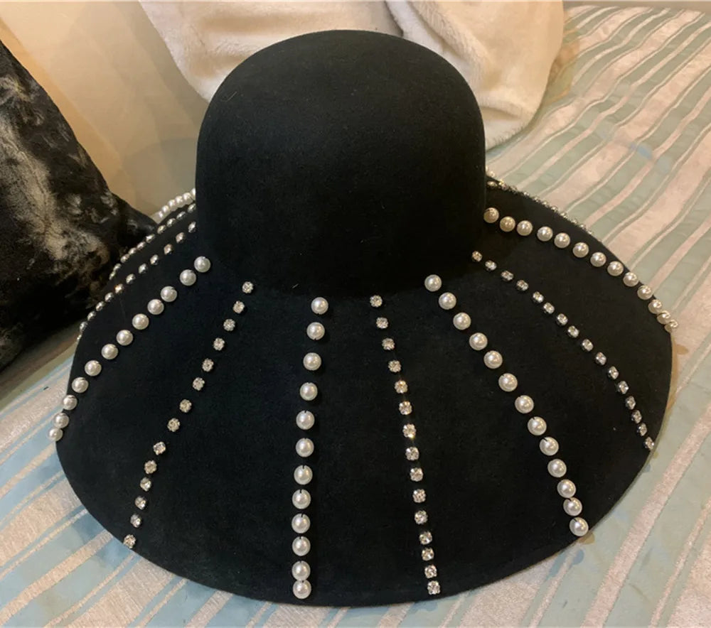 Women’s Wide Brim Wool Hat Hand Sewn Luxury Pearls and/or Shiny Nailhead Trim Leisure Lady Bucket Cap Women Hat - Pretty Miss Plus