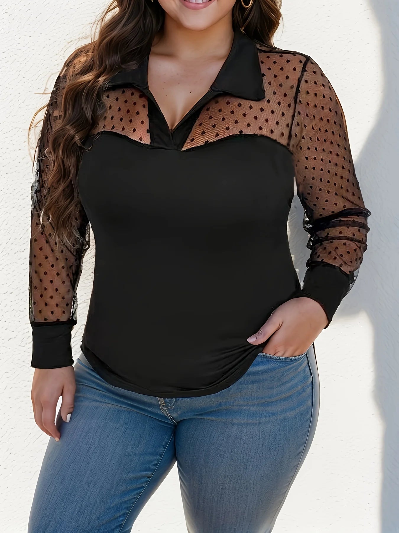 Plus Size Women Dotted Swiss Sheer Georgette Blouse