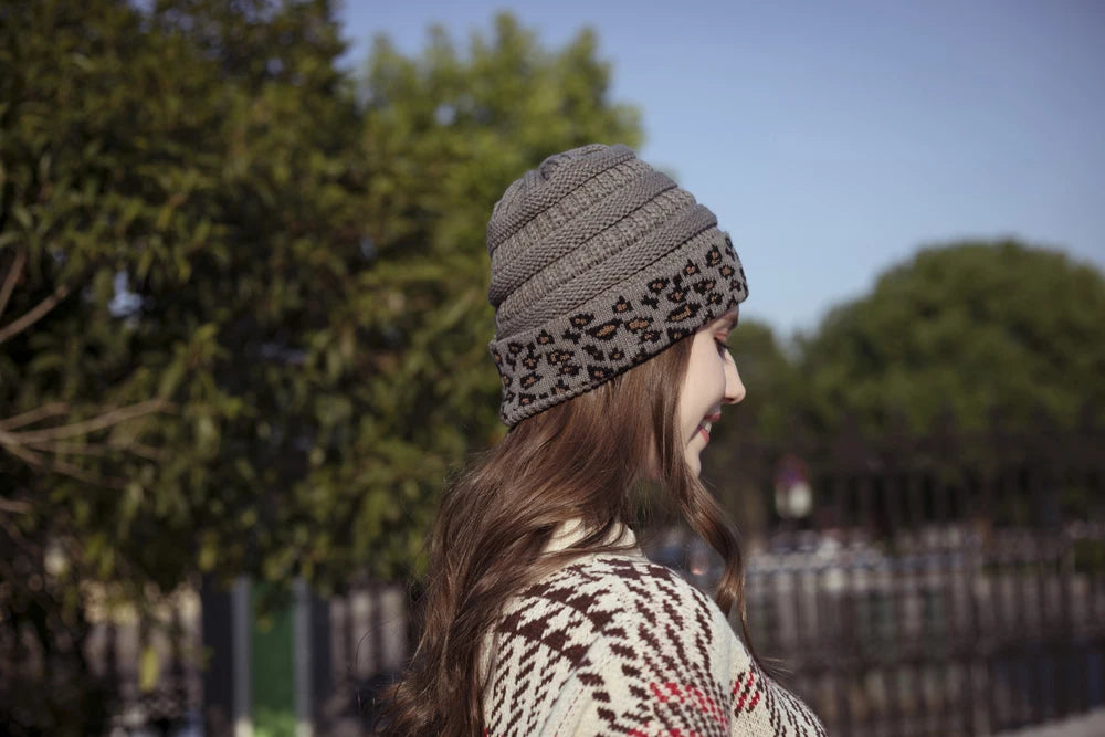 Leopard Trim Beanie Hat