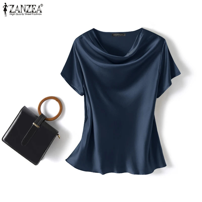 Plus Size Women Short Sleeve Solid Shirt Fashionable Satin Blouse Female Casual Office Lady Work Tunic Tops Elegant Loose Blouse