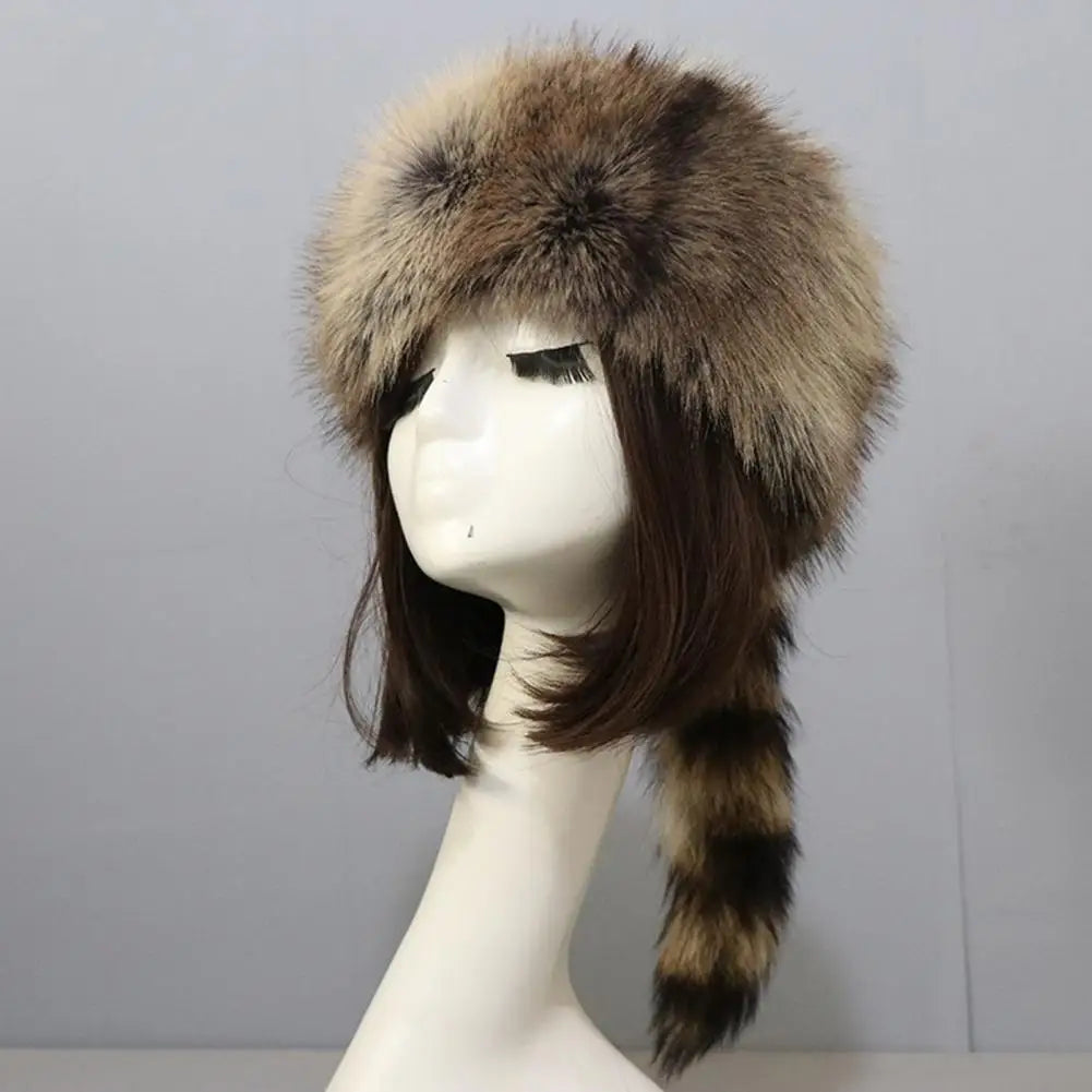 Playful Faux Raccoon Fur Cap Decor Heat Retention Cossack Windproof Anti-slip Elastic Flat Top No Brim Washable Cap