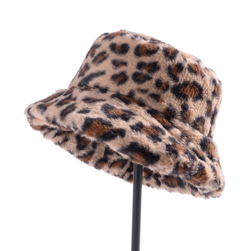 Women’s Leopard Print Adjustable Plush Fur Bucket Hat