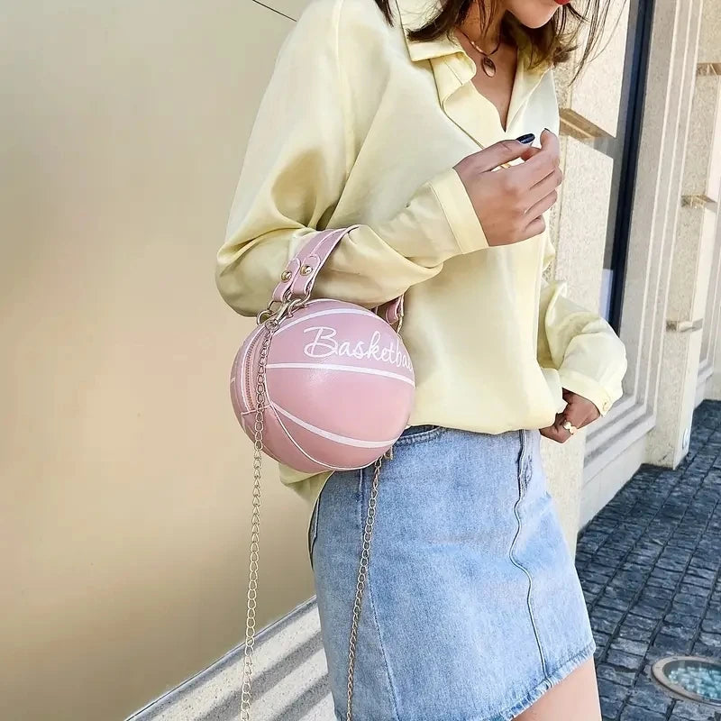 Sporty Basketball Shaped Leather Handbag with Chain Link Shoulder Strap - Pretty Miss Plus