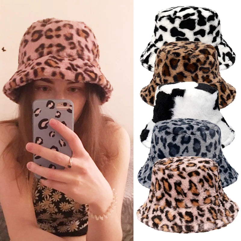 Women’s Leopard Print Adjustable Plush Fur Bucket Hat