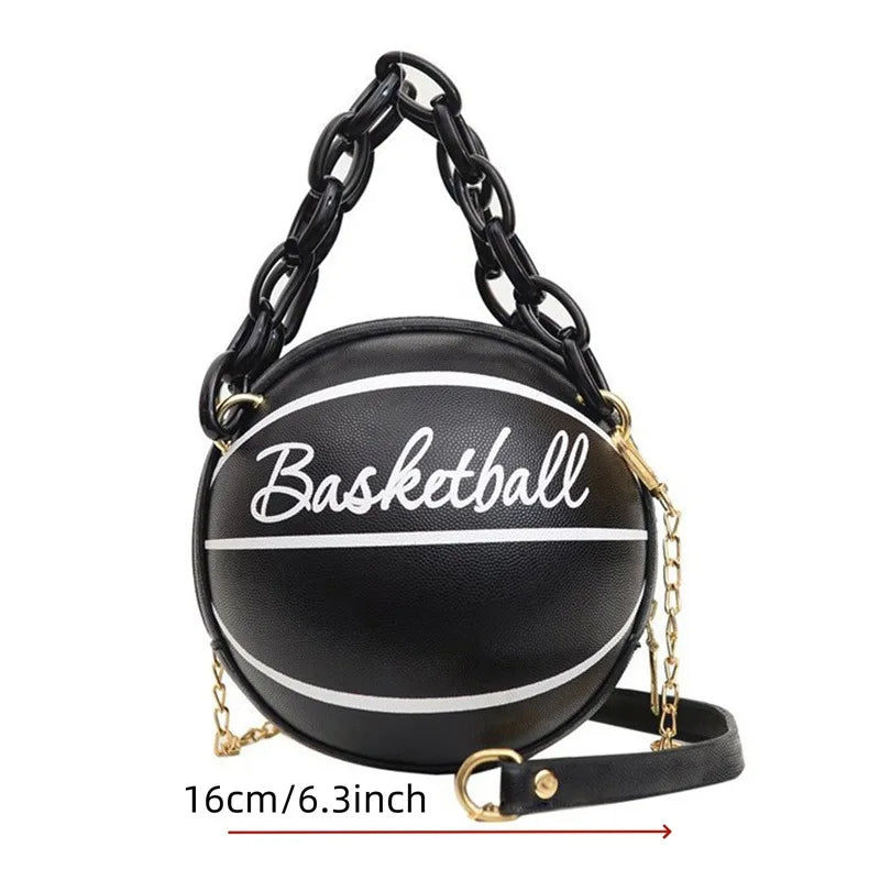 Sporty Basketball Shaped Leather Handbag with Chain Link Shoulder Strap