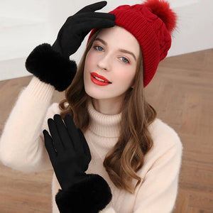 Women’s Warm Faux Suede Leather Touch Screen Gloves With Faux Rabbit Fur Trim And Velvet Lining