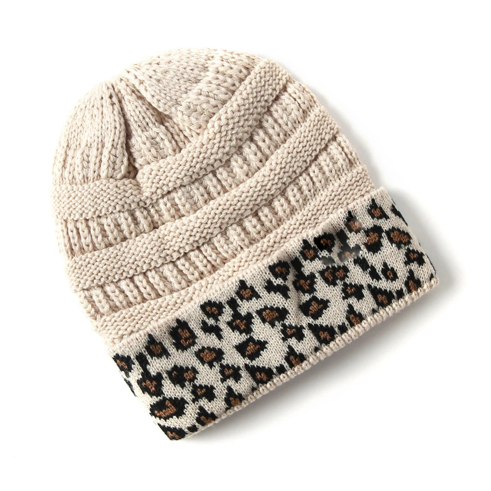 Leopard Trim Beanie Stretch Knitted Crochet In 10 Colors Winter Hats For Women Warm