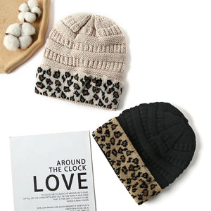 Leopard Trim Beanie Stretch Knitted Crochet In 10 Colors Winter Hats For Women Warm