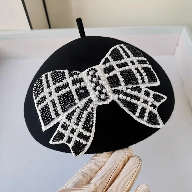 Chic Designer Black & White Pearl Beaded Bowknot Lady Beret Cap - Pretty Miss Plus