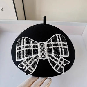 Chic Designer Black & White Pearl Beaded Bowknot Lady Beret Cap - Pretty Miss Plus