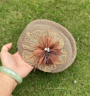 chic summer grace Beaded lace flowers grass beret hat Vintage Versatile women Leisure painter cap - Pretty Miss Plus