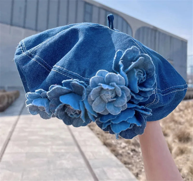 Women’s Soft Cotton Denim Flower Beret Designer Style High Street Leisure Octagonal Cap - Pretty Miss Plus