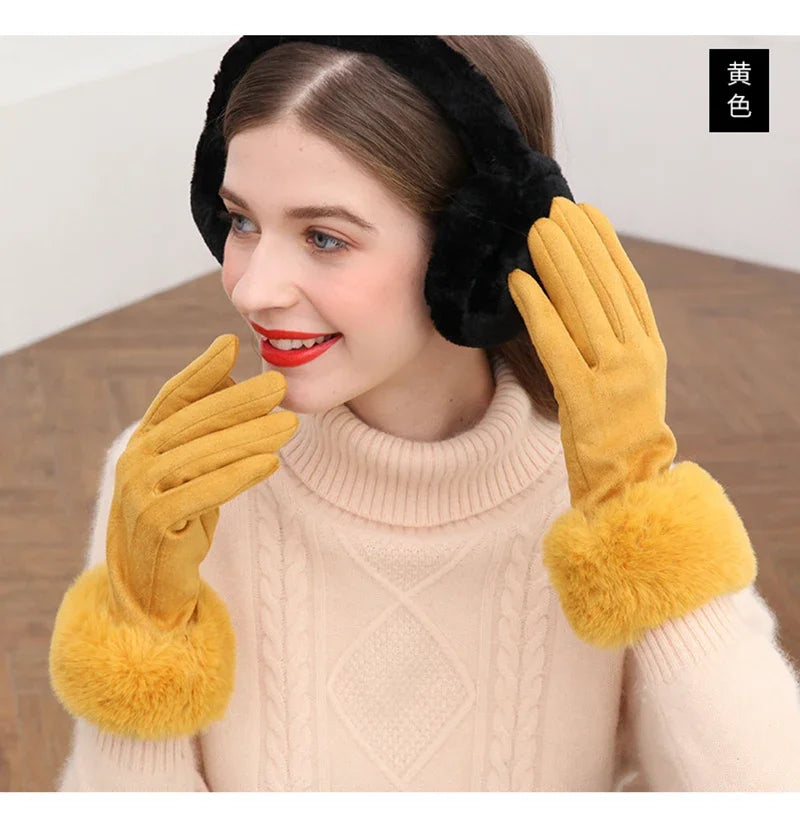 Women’s Warm Faux Suede Leather Touch Screen Gloves With Faux Rabbit Fur Trim And Velvet Lining