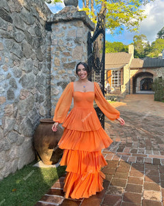 Plus Size Women’s Orange Chiffon Square Neck Long Sleeves Tiered Ruffles Tulle Floor Length Party Gown