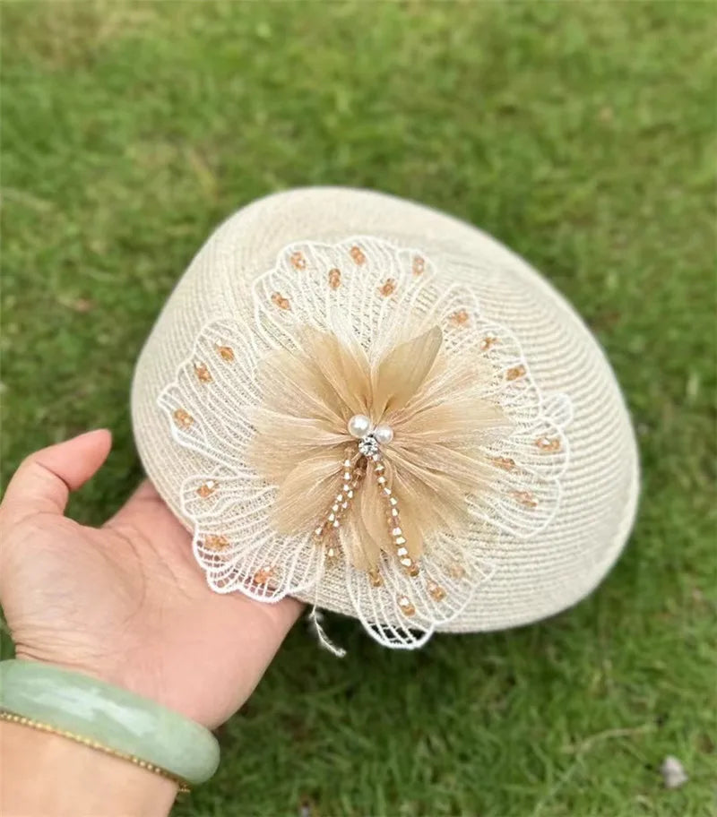 chic summer grace Beaded lace flowers grass beret hat Vintage Versatile women Leisure painter cap - Pretty Miss Plus