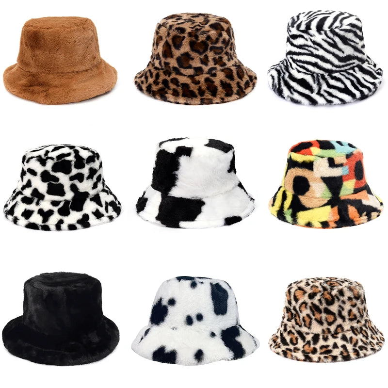 Fashionable Women’s Leopard Print Adjustable Plush Fur Bucket Hat