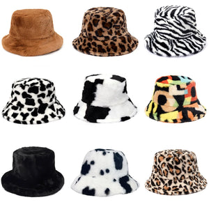 Fashionable Women’s Leopard Print Adjustable Plush Fur Bucket Hat