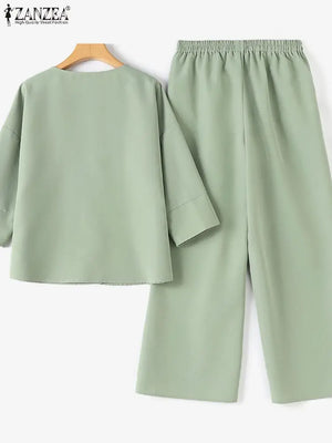 Summer Fashion Suit 3/4 Sleeve Blouse Wide Leg Pants 2pcs Women Elegant Office Lady Work Sets Plus Size