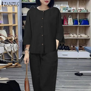 Women Fashion Suit 3/4 Sleeve Blouse Wide Leg Pants 2pcs Elegant Office Lady Work Sets