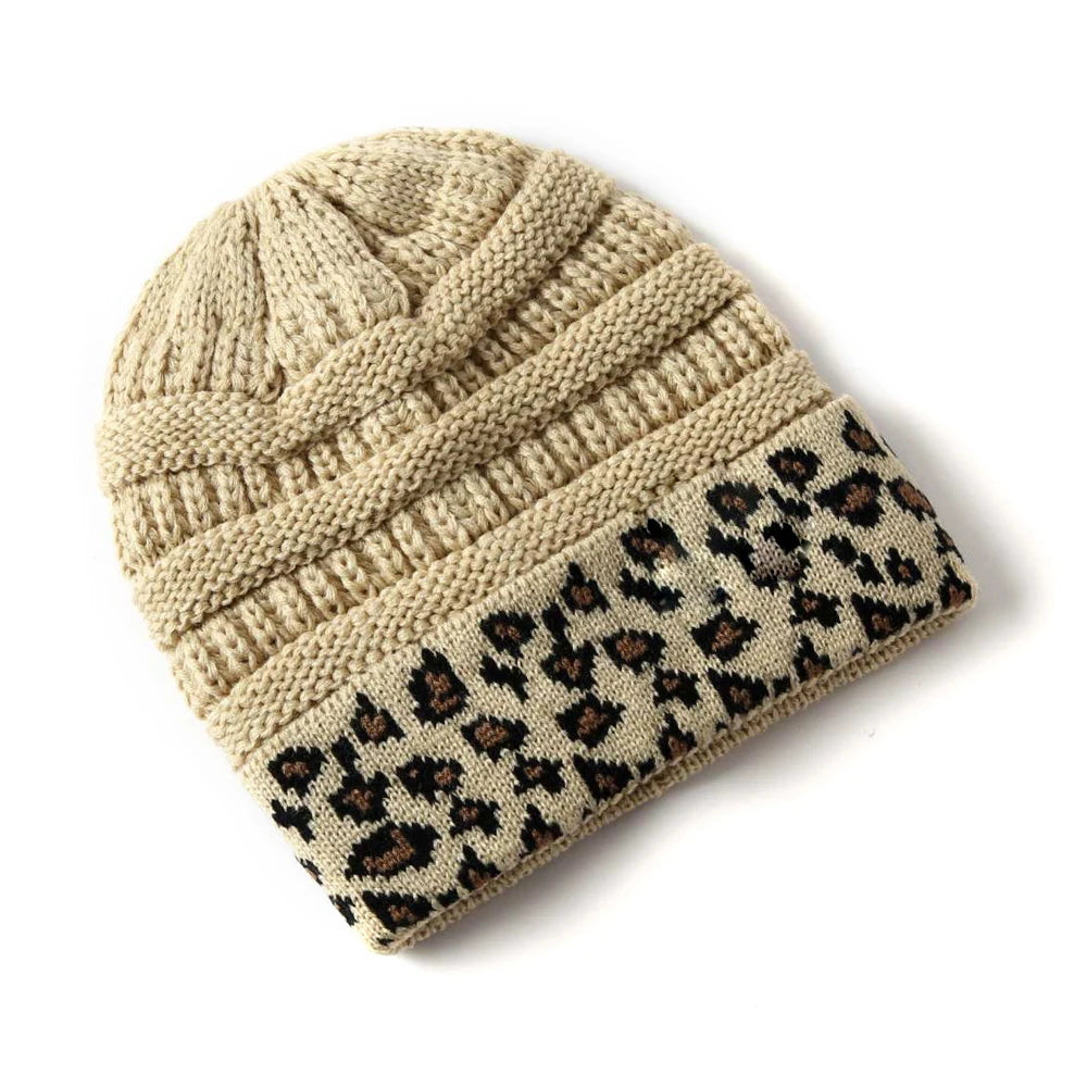 Leopard Trim Beanie Stretch Knitted Crochet In 10 Colors Winter Hats For Women Warm